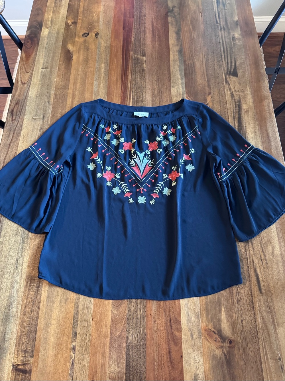 LOFT Navy Embroidered Bell Sleeve Peasant Top